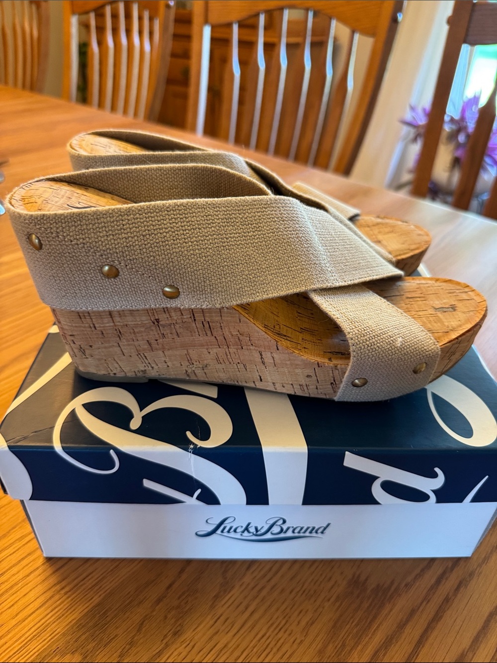 Lucky Brand Beige Crisscross Cork Wedge Sandals - Picture 3 of 5